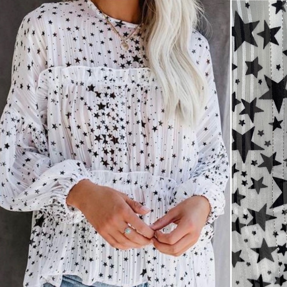 TCEC Peasant Top Oh My Stars Tiered Blouse Sheer Puff Sleeve Babydoll Anthro